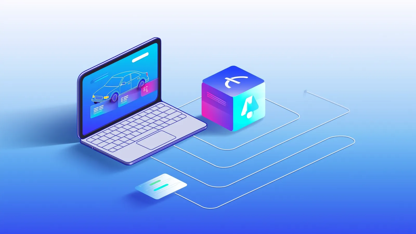 Illustration isométrique d'un ordinateur portable affichant la silhouette d'une voiture, relié par des lignes à un cube symbolisant une API